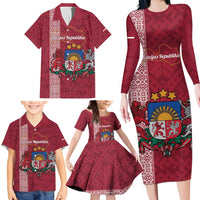 Personalised Latvia Family Matching Long Sleeve Bodycon Dress and Hawaiian Shirt Latvijas Republika Folk Pattern