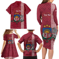 Personalised Latvia Family Matching Long Sleeve Bodycon Dress and Hawaiian Shirt Latvijas Republika Folk Pattern