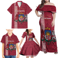Personalised Latvia Family Matching Off Shoulder Maxi Dress and Hawaiian Shirt Latvijas Republika Folk Pattern