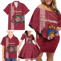 Personalised Latvia Family Matching Off Shoulder Short Dress and Hawaiian Shirt Latvijas Republika Folk Pattern