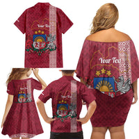 Personalised Latvia Family Matching Off Shoulder Short Dress and Hawaiian Shirt Latvijas Republika Folk Pattern