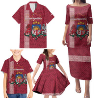 Personalised Latvia Family Matching Puletasi and Hawaiian Shirt Latvijas Republika Folk Pattern