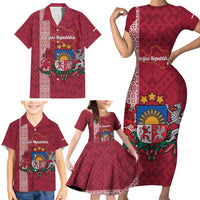 Personalised Latvia Family Matching Short Sleeve Bodycon Dress and Hawaiian Shirt Latvijas Republika Folk Pattern