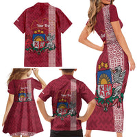 Personalised Latvia Family Matching Short Sleeve Bodycon Dress and Hawaiian Shirt Latvijas Republika Folk Pattern