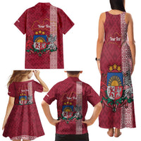 Personalised Latvia Family Matching Tank Maxi Dress and Hawaiian Shirt Latvijas Republika Folk Pattern