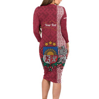 Personalised Latvia Long Sleeve Bodycon Dress Latvijas Republika Folk Pattern