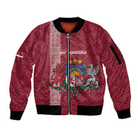 Personalised Latvia Sleeve Zip Bomber Jacket Latvijas Republika Folk Pattern