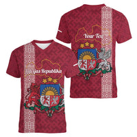Personalised Latvia Women V-Neck T-Shirt Latvijas Republika Folk Pattern
