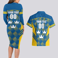 Sweden Hockey Custom Couples Matching Long Sleeve Bodycon Dress and Hawaiian Shirt Tre Kronor Swedish Moose Mascot