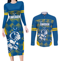 Sweden Hockey Custom Couples Matching Long Sleeve Bodycon Dress and Long Sleeve Button Shirt Tre Kronor Swedish Moose Mascot