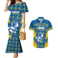 Sweden Hockey Custom Couples Matching Mermaid Dress and Hawaiian Shirt Tre Kronor Swedish Moose Mascot