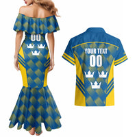 Sweden Hockey Custom Couples Matching Mermaid Dress and Hawaiian Shirt Tre Kronor Swedish Moose Mascot