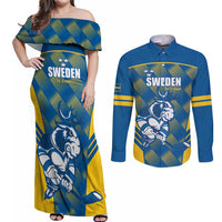 Sweden Hockey Custom Couples Matching Off Shoulder Maxi Dress and Long Sleeve Button Shirt Tre Kronor Swedish Moose Mascot