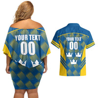 Sweden Hockey Custom Couples Matching Off Shoulder Short Dress and Hawaiian Shirt Tre Kronor Swedish Moose Mascot
