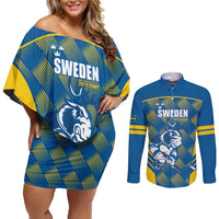 Sweden Hockey Custom Couples Matching Off Shoulder Short Dress and Long Sleeve Button Shirt Tre Kronor Swedish Moose Mascot