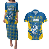 Sweden Hockey Custom Couples Matching Puletasi and Hawaiian Shirt Tre Kronor Swedish Moose Mascot