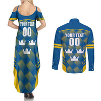 Sweden Hockey Custom Couples Matching Summer Maxi Dress and Long Sleeve Button Shirt Tre Kronor Swedish Moose Mascot
