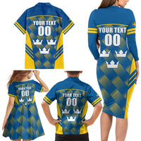 Sweden Hockey Custom Family Matching Long Sleeve Bodycon Dress and Hawaiian Shirt Tre Kronor Swedish Moose Mascot