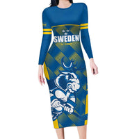 Sweden Hockey Custom Family Matching Long Sleeve Bodycon Dress and Hawaiian Shirt Tre Kronor Swedish Moose Mascot