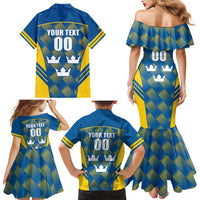 Sweden Hockey Custom Family Matching Mermaid Dress and Hawaiian Shirt Tre Kronor Swedish Moose Mascot