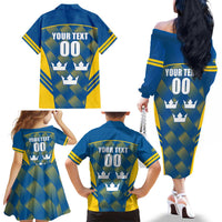 Sweden Hockey Custom Family Matching Off The Shoulder Long Sleeve Dress and Hawaiian Shirt Tre Kronor Swedish Moose Mascot
