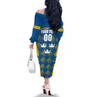 Sweden Hockey Custom Family Matching Off The Shoulder Long Sleeve Dress and Hawaiian Shirt Tre Kronor Swedish Moose Mascot