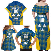 Sweden Hockey Custom Family Matching Off Shoulder Maxi Dress and Hawaiian Shirt Tre Kronor Swedish Moose Mascot