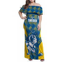 Sweden Hockey Custom Family Matching Off Shoulder Maxi Dress and Hawaiian Shirt Tre Kronor Swedish Moose Mascot