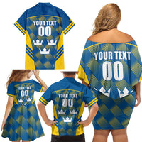 Sweden Hockey Custom Family Matching Off Shoulder Short Dress and Hawaiian Shirt Tre Kronor Swedish Moose Mascot