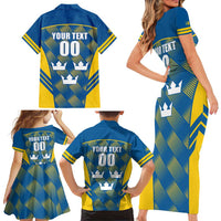 Sweden Hockey Custom Family Matching Short Sleeve Bodycon Dress and Hawaiian Shirt Tre Kronor Swedish Moose Mascot