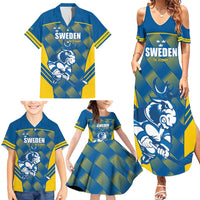 Sweden Hockey Custom Family Matching Summer Maxi Dress and Hawaiian Shirt Tre Kronor Swedish Moose Mascot