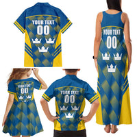 Sweden Hockey Custom Family Matching Tank Maxi Dress and Hawaiian Shirt Tre Kronor Swedish Moose Mascot