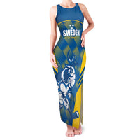 Sweden Hockey Custom Family Matching Tank Maxi Dress and Hawaiian Shirt Tre Kronor Swedish Moose Mascot