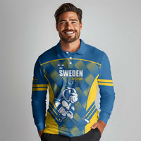Sweden Hockey Custom Long Sleeve Polo Shirt Tre Kronor Swedish Moose Mascot