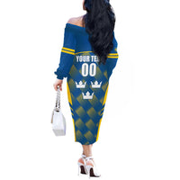 Sweden Hockey Custom Off The Shoulder Long Sleeve Dress Tre Kronor Swedish Moose Mascot