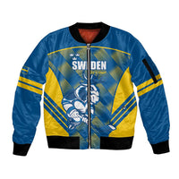 Sweden Hockey Custom Sleeve Zip Bomber Jacket Tre Kronor Swedish Moose Mascot