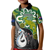 Kids polo shirt, green and black with Australia kangaroo front graphic and white collar