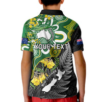 Kids polo shirt back, green black with yellow floral print and YOUR TEXT panel
