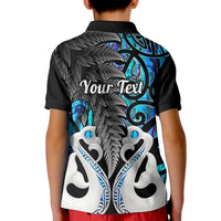 Kids polo shirt with black collar and blue/white patterned back, Your Text graphic