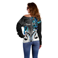 Personalised New Zealand Off Shoulder Sweater Te Manaia Mangopare Maori And Fern Blue Style - Wonder Print Shop