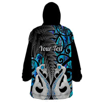 Personalised New Zealand Wearable Blanket Hoodie Te Manaia Mangopare Maori And Fern Blue Style - Wonder Print Shop