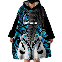 Personalised New Zealand Wearable Blanket Hoodie Te Manaia Mangopare Maori And Fern Blue Style - Wonder Print Shop