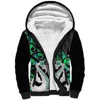 Sherpa hoodie with sherpa-lined hood and green tribal print front