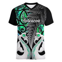 Personalised New Zealand Women V Neck T Shirt Te Manaia Mangopare Maori And Fern Green Style - Wonder Print Shop