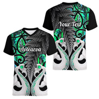 Personalised New Zealand Women V Neck T Shirt Te Manaia Mangopare Maori And Fern Green Style - Wonder Print Shop