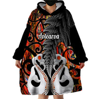 Personalised New Zealand Wearable Blanket Hoodie Te Manaia Mangopare Maori And Fern Orange Style - Wonder Print Shop