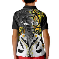 Kids polo shirt back, black with gold swirls and grey feather bird art, 'Your Text' print