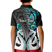 Kids black polo shirt back with turquoise tribal fish and fern graphic, Your Text