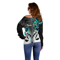 Personalised New Zealand Off Shoulder Sweater Te Manaia Mangopare Maori And Fern Turquoise Style - Wonder Print Shop