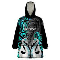 Personalised New Zealand Wearable Blanket Hoodie Te Manaia Mangopare Maori And Fern Turquoise Style - Wonder Print Shop